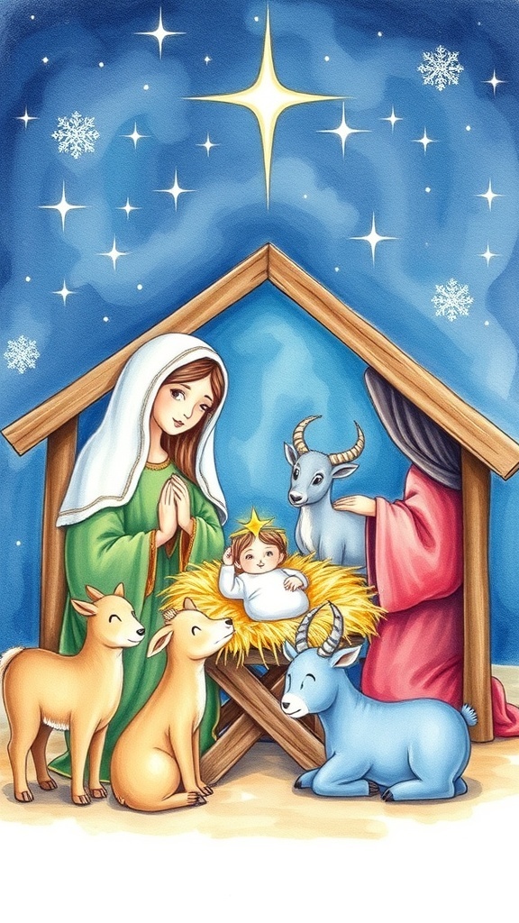Nativity scene drawing with Mary, Joseph, and baby Jesus in a manger under a starry sky.